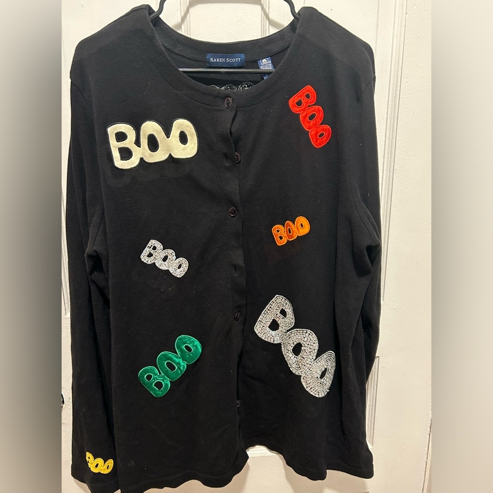 Karen Scott Halloween Spooky “Boo” Cardigan